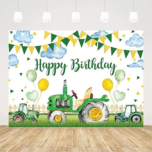 AIBIIN 7x5ft Poljoprivredni traktor Rođendanska pozadina za djecu balon sa zelenom travom šarena Zastava oblaci fotografija pozadina