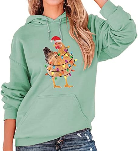 Ženska božićna dukserica Funny Hat Rooster Light Strip Print Crtav za pulover dugih rukava