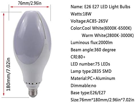 Edearkar E26 E27 LED Sijalice, 18w 2000lm 75 LED 2835 SMD, ekvivalent sijalice sa žarnom niti 150w, 3000k topla bijela,AC85-265V,