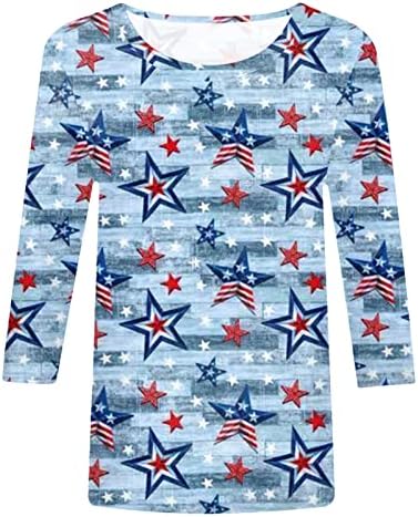 4th of July Shirts for Women USA Flag Summer 3/4 Sleeve Crew Neck Shirt Three Quarters Sleeve Holiday Casual bluza Top