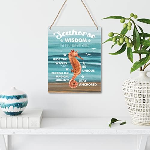 Vodenicolor Seahorse Wisdom Inspirational Beach Artwork Poster Wood Viseći plaket Zidna umjetnost Rustikalni pozitivni citati Drveni