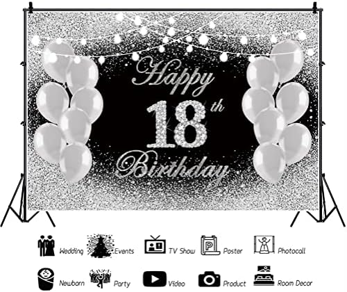 DORCEV 12x10ft sretan 18. rođendan pozadina Glitter Crna Srebrna Bokeh baloni 18. rođendan Party znak Poster Decor fotografija pozadina