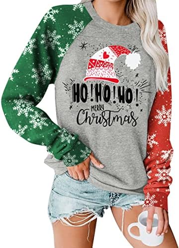 Sretan božićni duks hohoho božićne košulje žene smiješno Santa Ispis Grafički tee Ležerne prilike za bluze s dugim rukavima