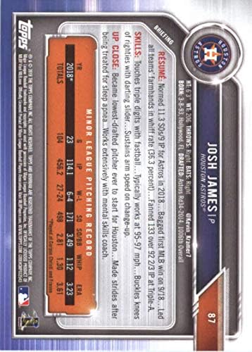 2019 Bowman Baseball # 87 Josh James Rc Rookie Card Card Houston Astros Službena MLB trgovačka kartica od gornjeg dijelova