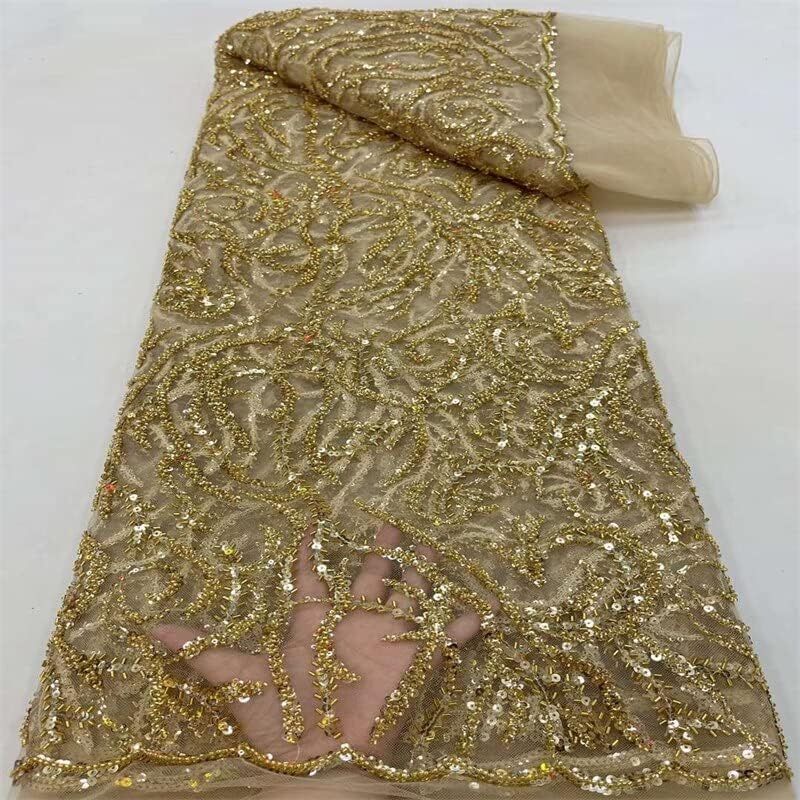 Ružino zlato čipkasta tkanina vez francuski til čipkasta Nigerija čipkasta tkanina sa šljokicama i perlama za haljinu-5 metara - 120cm