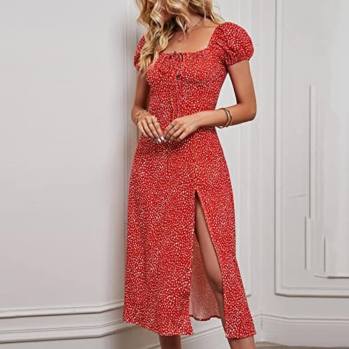 IcoDod haljina Ženska 2023 ljetna casual cvjetna print kratki rukav kvadratni vrat Visoka splitska plaža Duge haljine za žene