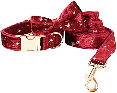 Generički personalizirani ovratnik za pse Božićni crveni baršunasti luk kravata i povodac set sa Zlatnim zvjezdicama festivalskog