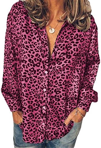 Anongnywell ženske leopard dugih rukava s majicama V izrez casual osnovni vrhovi Udobne labave bluze
