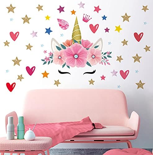 Zidne naljepnice za jednorog, ružičasti dekor Unicorn lica zvijezde srčane zidne naljepnice za djevojčicu spavaću sobu Djevojke Djevojke