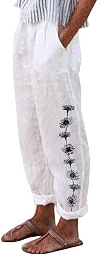 Ženske pamučne posteljine casual hlače opušteno fit cvjetni print ravne pantalone elastične struke rastezanje boemia hlače sa džepovima
