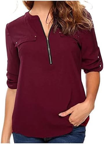 T Shirt ženski kratki 1/2 rukav 2023 šifon V izrez Zip Up Casual Loose Fit opušteno Fit osnovna Gornja košulja za dame