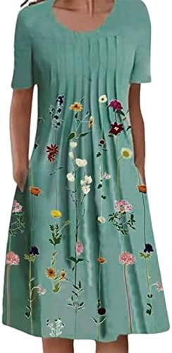 Ženske ležerne ljetne haljine plus veličina kratkih rukava s kratkim rukavima s džepovima Shirred cvjetni print boho majica haljine