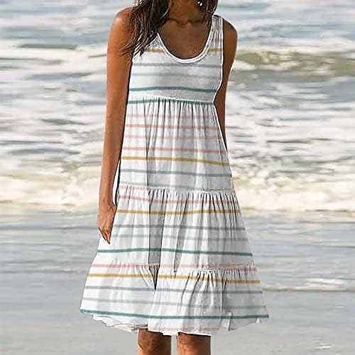 Ljetna haljina za plažu za žene, ženski list ispis za ispis sa rušenjem nagnutih slojeva haljina za labavu shift casual crewneck midi