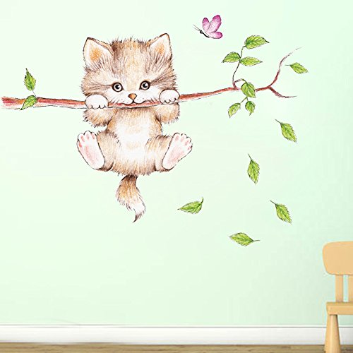 Wallpark Crtić slatka mačka na zidnoj naljepnici na grani drveta djevojke pet mačka uklonjiva zidna naljepnica, djeca Djeca beba kućna