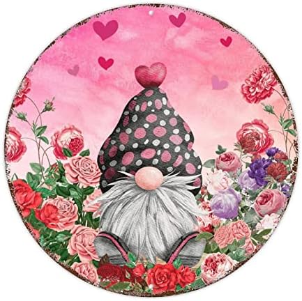 CRVENI ROSE GNOME metalni znak zaljubljeni ružičasti ružični ružinski gnome okrugli metalni limenki znak ružičaste ruže srce metalni