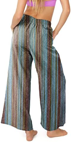 Žene ljetne vintage pamučne posteljine široke noge hlače za vuču visoki džepovi struka labave pantalone za vertikalne pruge