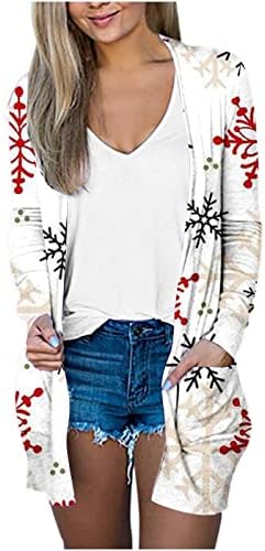 Ženski prednji otvoreni kardigan kaput Božićni ispisani labavi povremeni džep dugi rukavi midi jakna tunika bluza vrhova