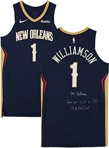 Zion Williamson New Orleans Pelicans Autographing Game-Polovni br. 1 Navy Jersey vs. Chicago Bulls 3. marta 2021. - Veličina 52 +