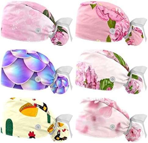 Ratgdn Medicinske kape za žene sa tipkama Duga kosa, 6 komada Podesiva radna kapa, ružičasto cvijeće