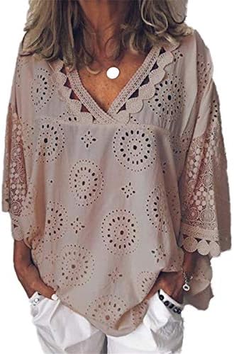 Andongnywell Ženska čipka Crochet V izrez 3/4 rukavske majice Ležerne prilike labave bluze vrhovi šuplje majice