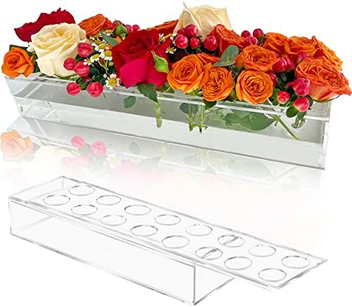 Optukeop Clear Akril cvjetna vaza sa 16 rupa, dugim pravokutnim cvjetnim središnjim dijelom za trpezarijski stol, dekorativna moderna
